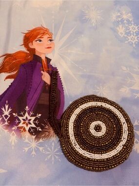 Beaded Round Wristlet Bag in Metallic Bronze and White